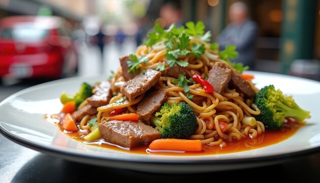 Plate of savory stir fry noodles with beef slices tender broccoli carrots. Fresh cilantro garnish on asian dish in restaurant. Urban street blurred background.