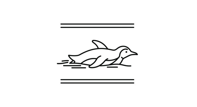 Minimalist black outline drawing of an antarctic penguin swiftly sliding across a white surface,