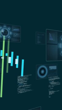 System booting, holographic HUD panels sliding into teal space, bars growing to visualize analytics