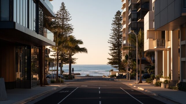Quiet Broadbeach street with ocean at the end, warm morning light on palm trees and modern apartments, capturing a clean coastal lifestyle and upscale property atmosphere.