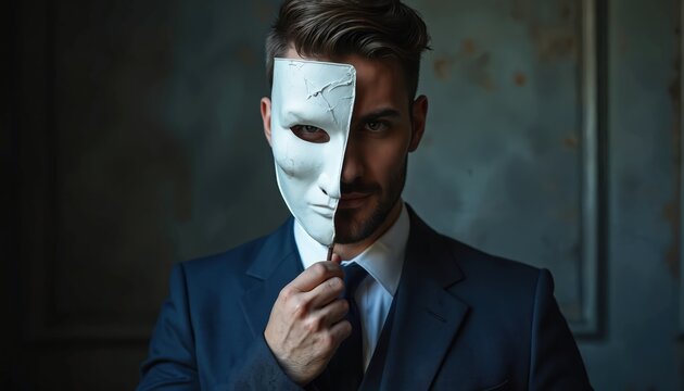Man in suit holds white mask covering half face creating mysterious portrait. Identity deception and concealment theme. Hidden persona behind mask.