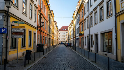 Fototapeta premium A daytime view of a cobblestone street lined with colorful buildings and parked cars in a European cityscape.