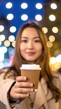 A young woman smiles while holding a coffee cup against a backdrop of twinkling lights, creating a warm and inviting urban scene.