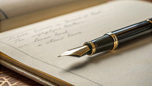 A close-up shot of a classic fountain pen resting on a notepad with handwriting