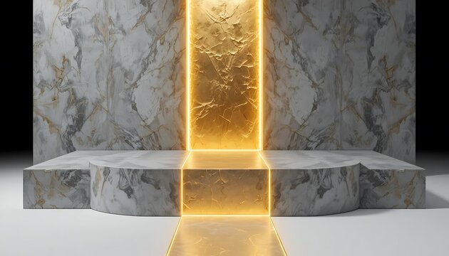 Luxurious marble podium with a glowing gold light path. 3D render of a premium stone stage for high-end product display. Elegant architectural backdrop with cinematic neon illumination.