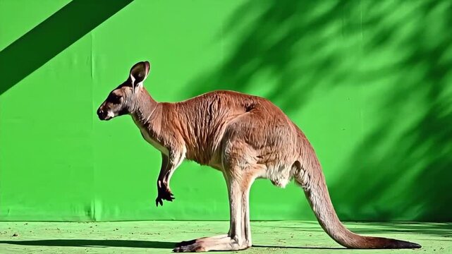 A kangaroo stands in front of a green screen, captured in a video showcasing its unique stance and vibrant surroundings.