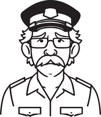 Obraz premium Hand Drawn Elderly Police Officer Man Black and White Illustration in Minimal Line Art Style Design