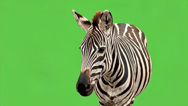 A zebra stands in front of a green screen, looking directly at the camera in this video.