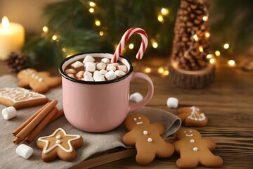 Fototapeta premium A delightful pink mug of hot chocolate with marshmallows and a candy cane sits by festive gingerbread cookies