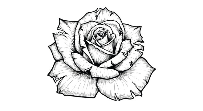 Black and white rose illustration, floral design element, line art flower, botanical vector graphic