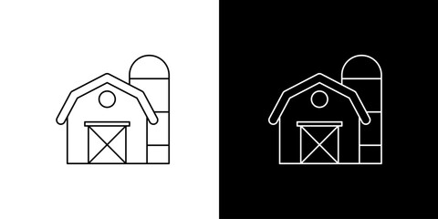Simple line art icon illustration of a farm barn and silo, presented on both white and black backgrounds for versatile use © Tifany