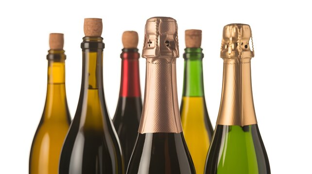 A selection of celebratory champagne and wine bottles with corks and foil caps ready for a party