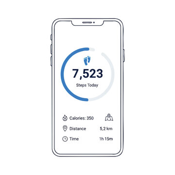 Smartphone app displays fitness tracker data 7,523 steps, 350 calories, 5.2km distance, 1h 15m