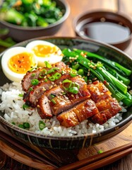 Fototapeta premium A beautifully presented bowl of savory rice topped with glistening roasted duck, a soft-boiled egg, vibrant green beans, and a drizzle of sesame seeds, showcasing a delicious and balanced meal.