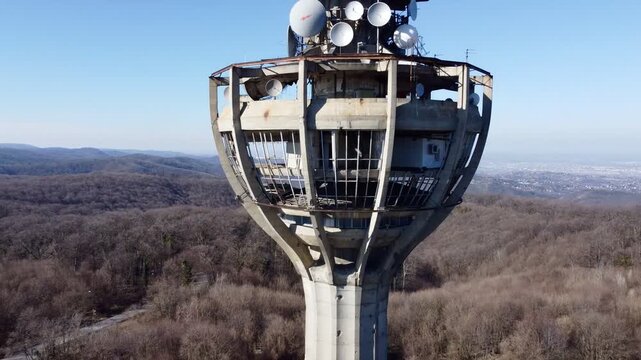 The aerial view of the TV tower, bombed by NATO army in 1999, Irishki venac, Frushka tower, Novi Sad, Serbia, Europe