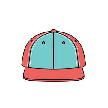 A two-toned baseball cap with a red brim and a teal crown, isolated on white