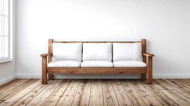 A wooden couch with three white cushions sits in a room with a white wall