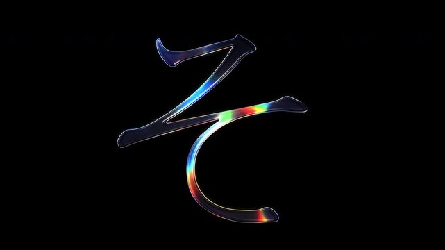 A Japanese Hiragana "そ" shimmering with various colored lights on a glass-like surface with an alpha channel. Serif font. Seamless loop video.