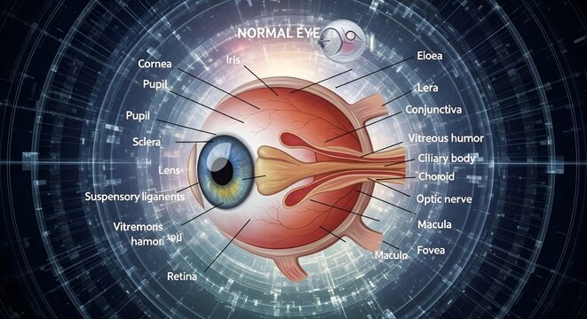 Detailed Anatomical Diagram of the Human Eye with Labeled Parts and Futuristic Overlay.