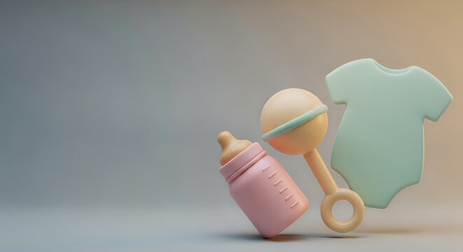 3d render of baby essentials including a pink baby bottle, a rattle, and a light green baby onesie against a soft gradient background