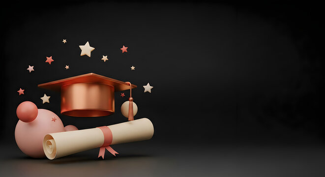 3d graduation cap with diploma scroll and floating stars on black background