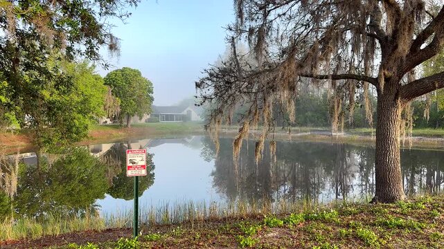 misty morning at florida lake with spanish moss and alligator sign