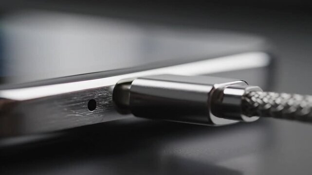 Close-up of a modern silver phone being charged with a braided cable connected to its port