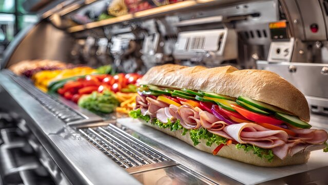 Tight angle on the front of the Italian sub as layers of folded salami and ham are tucked beneath crisp lettuce by a gloved hand