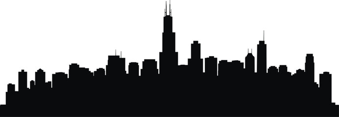 Obraz premium Chicago Illinois City Skyline Silhouette Featuring Willis Tower Landmark and Urban Architecture Skyscrapers Isolated on White Background for Professional Graphic Design