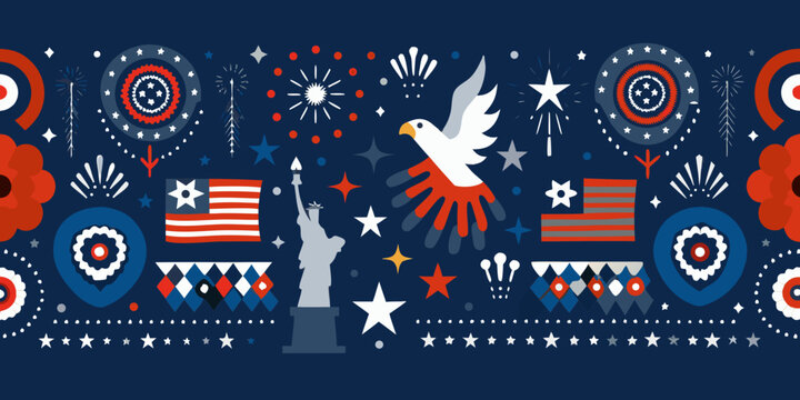 Festive american independence day pattern with patriotic symbols and fireworks