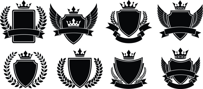 Collection of Black Heraldic Shield Silhouettes Featuring Royal Crowns Wings Laurel Wreaths and Blank Ribbons for Luxury Logo Design Branding Identity