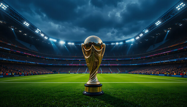 A large golden trophy on a green soccer field in a stadium with spectators