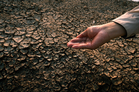 Hand catching scarce water drops over severely cracked drought soil under extreme dryness.
