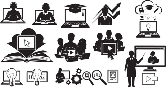 Online Education and Learning Concepts in Black Icons