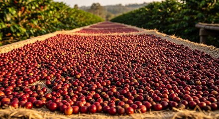 Fototapeta premium Freshly harvested vibrant red coffee beans meticulously spread out on traditional drying beds under the warm sun, a vital step in coffee processing at a plantation