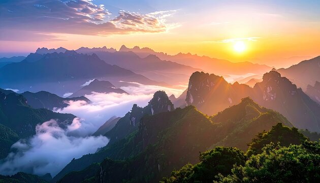 A breathtaking panoramic view of a mountainous landscape bathed in the warm glow of a vibrant sunset, with layers of clouds and peaks creating a stunning visual spectacle.