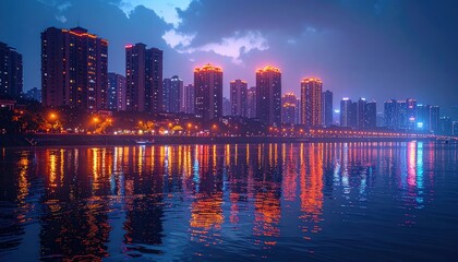 Obraz premium A stunning nighttime cityscape reflects beautifully in the calm waters of a river, showcasing a vibrant urban landscape under a dramatic sky.