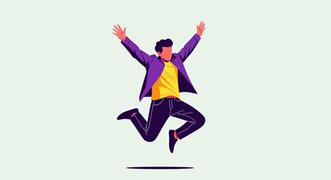 A man jumps high in the air with arms raised in celebration outdoors