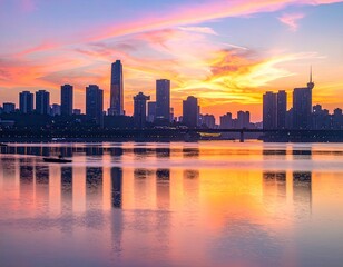 Obraz premium A vibrant sunset illuminates the modern cityscape reflected in the calm waters of a river, creating a stunning panorama of urban beauty.