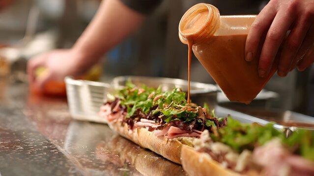 Realistic candid shot of a worker double-checking the ingredient list while building an Italian sub at a stainless sandwich station