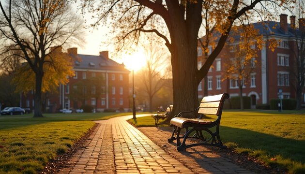 Park bench with metal frame rests on brick path near large tree casting shadow. Campus buildings and grass lawn visible in autumn sunlight. Quiet outdoor scene.