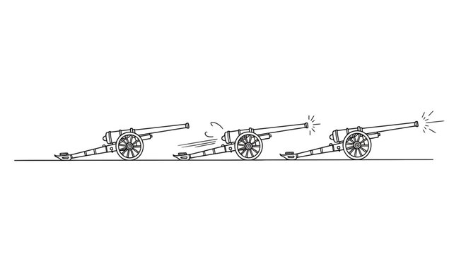 Cannon Firing Sequence Illustration Demonstrating Recoil and Muzzle Flash in Action Line Art