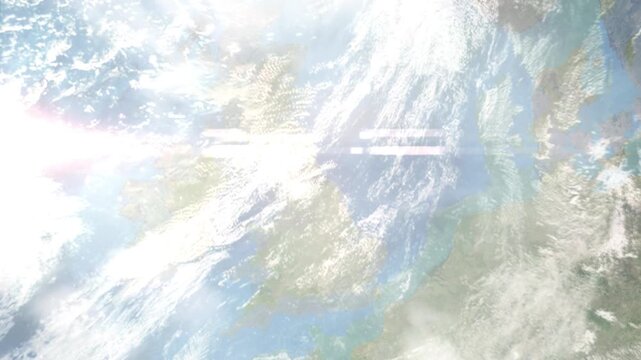 Earth zoom in from space and focus on Middlesbrough, England, North East England, Great Britain. Background for travel intro or blog. Satellite view. 3D style Animation. Images from NASA.