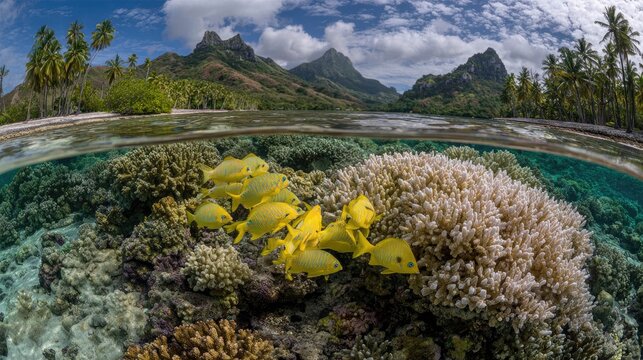 Underwater view of a tropical reef and lagoon with yellow fish and mountains