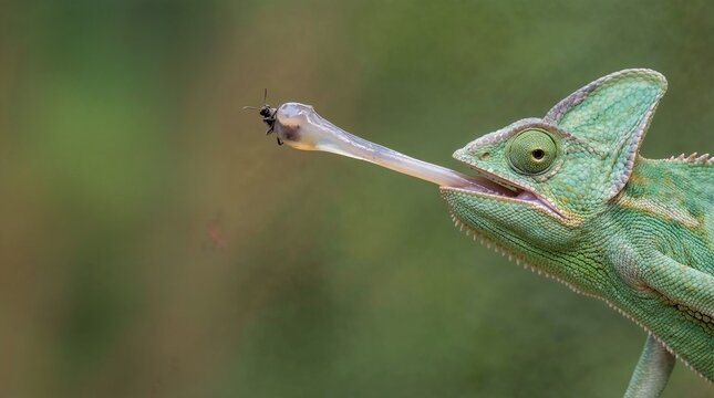 Detailed macro shot of a chameleon extending its long tongue to capture an insect mid-air with copy space