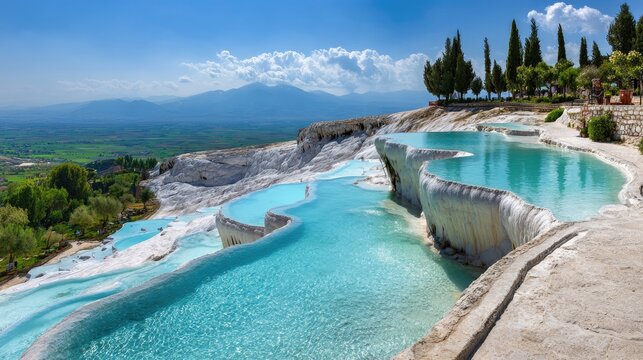 Turquoise pools cascading over white travertine terraces landscape under clear sky