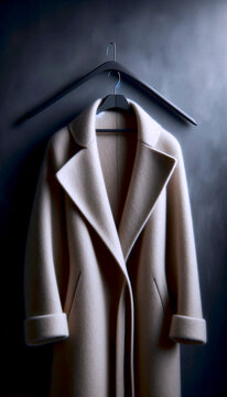 A beige cashmere coat mockup, draped over a minimalist concrete hanger, Ai generated image