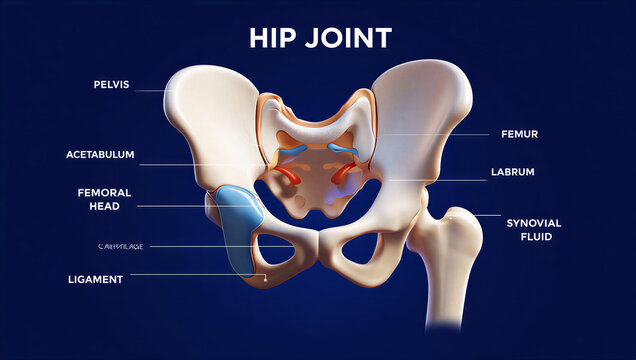 Detailed anatomy of human hip joint with labeled parts and bones structure