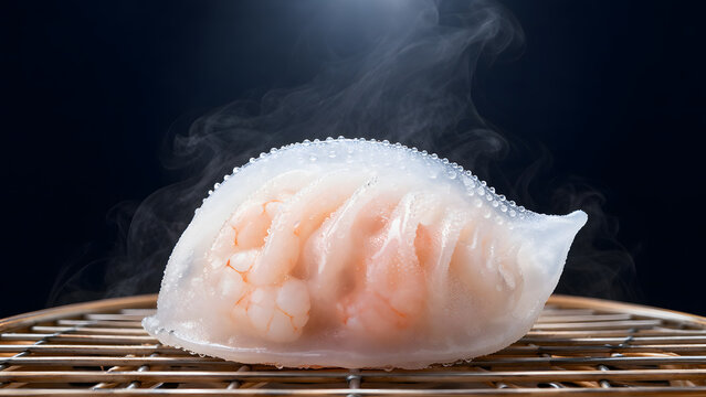 Steaming hot har gow shrimp dumpling with translucent skin on a bamboo steamer mat, concept of traditional cantonese dim sum, asian culinary arts, and gourmet presentation.