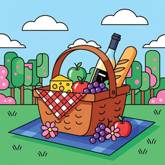 Fototapeta premium Picnic basket with food and wine.